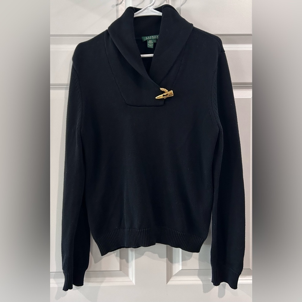 Lauren Ralph Lauren‎ Black Shawl Neck Sweater Size L Classic Old Money Academia